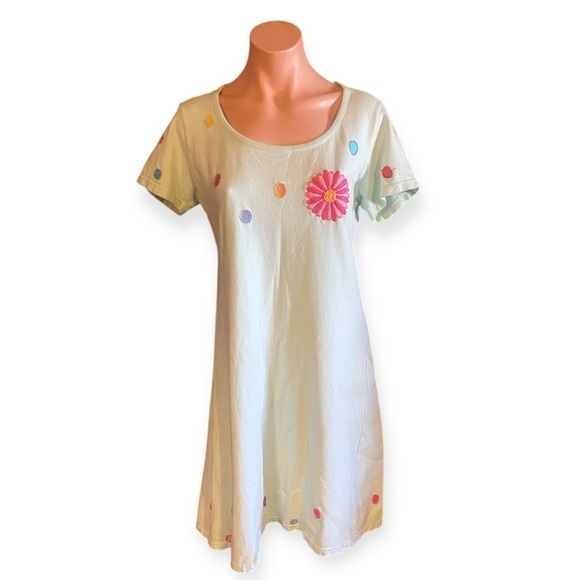 Michael Simon Dresses & Skirts - Vintage 90s Michael Simon Lite Medium Beaded T-Shirt Dress Turquoise Floral Midi